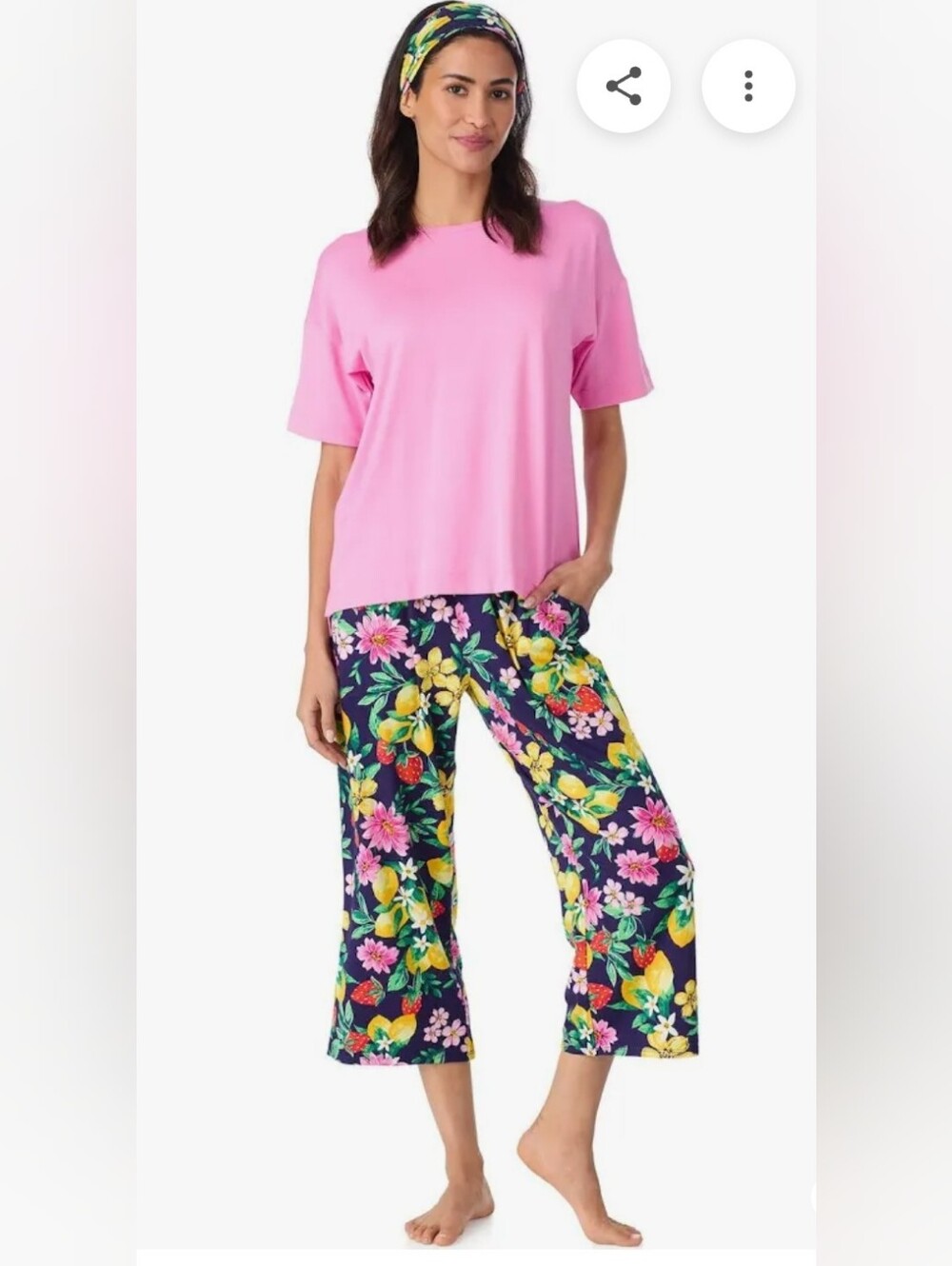 Cuddl Duds Pajama Set Capri Pockets Pink Yellow Lemon Floral 2pc Headband NEW